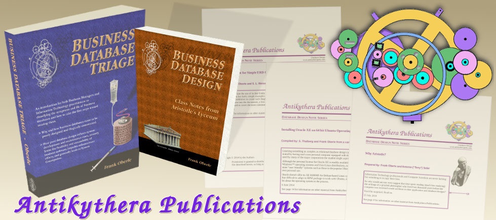 Antikythera Publications Header Graphic with Business Database Design Book highlighted