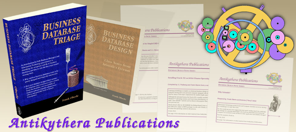 Antikythera Publications Header Graphic with Business Database Triage Book highlighted